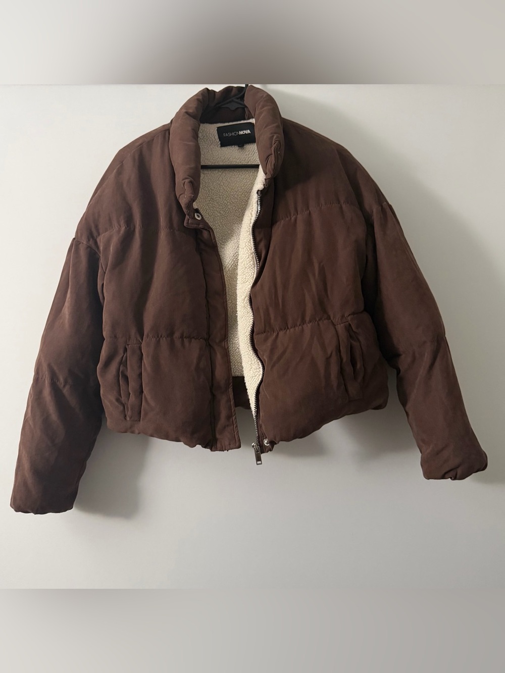 Fashion Nova Size Small Cropped Puffer Jacket Full Zip Fleece Lined Brown Used